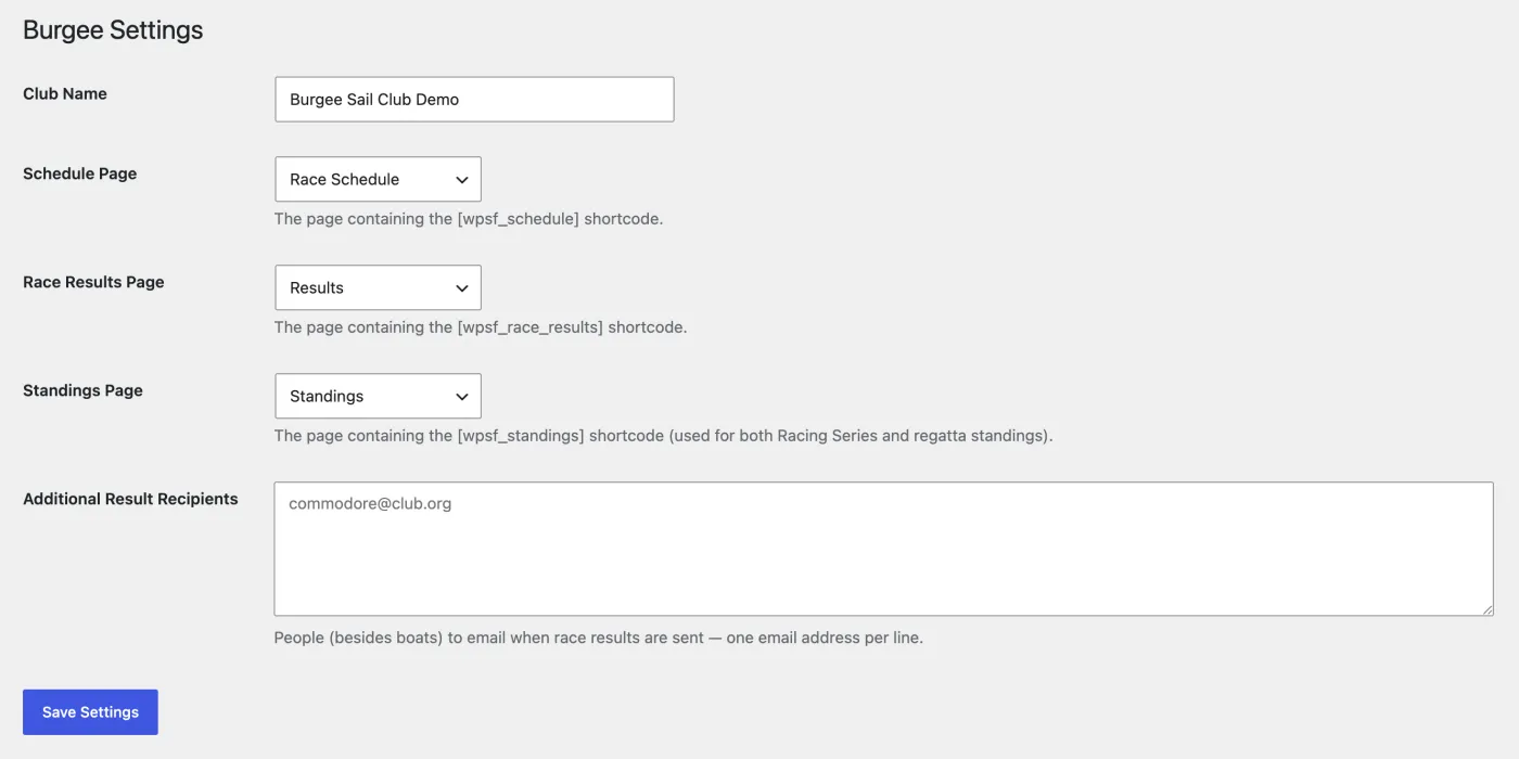 Burgee's Settings screen tells the plugin which page holds each shortcode, so its on-site links to schedules, results and standings resolve correctly.